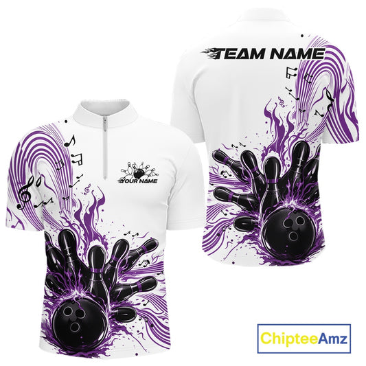 Front and back views of a white and purple mens bowling quarter-zip shirt featuring bowling pins, a bowling ball, and music note wave accents.