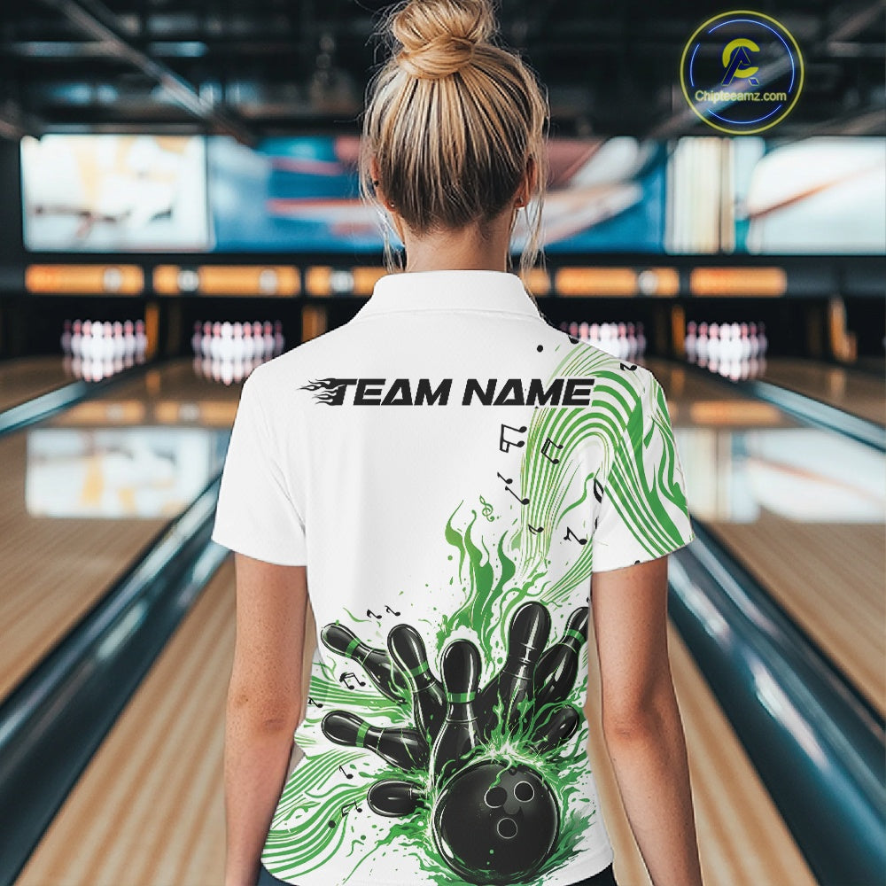 Back view of a female model in a white and green bowling polo shirt showcasing bowling strike artwork with flowing music notes.