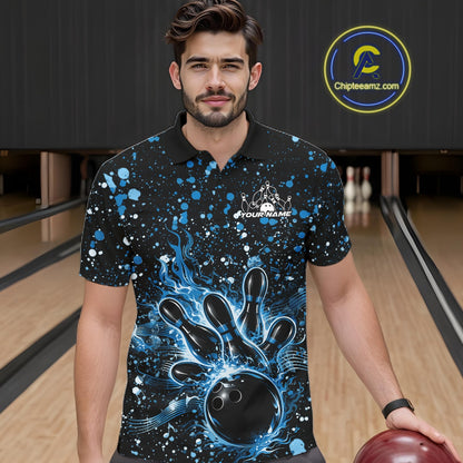 Male model wearing a black bowling polo shirt at the lane with blue music-themed splatter accents and bowling graphics.