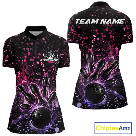 Front and back views of a black womens bowling quarter-zip shirt featuring a flaming bowling ball, pins, and pink and purple paint splatter music graphics.