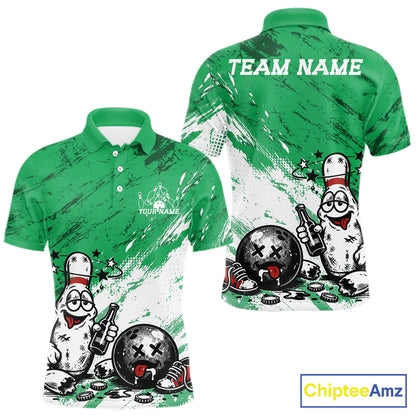 Green and white personalized bowling polo shirt featuring funny drunk bowling pin and ball graphic print