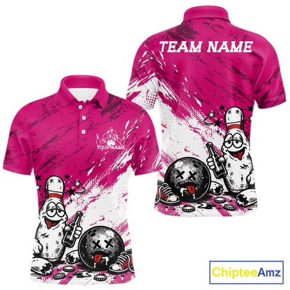 Hot pink and white personalized bowling polo shirt featuring funny drunk bowling pin and ball graphic print