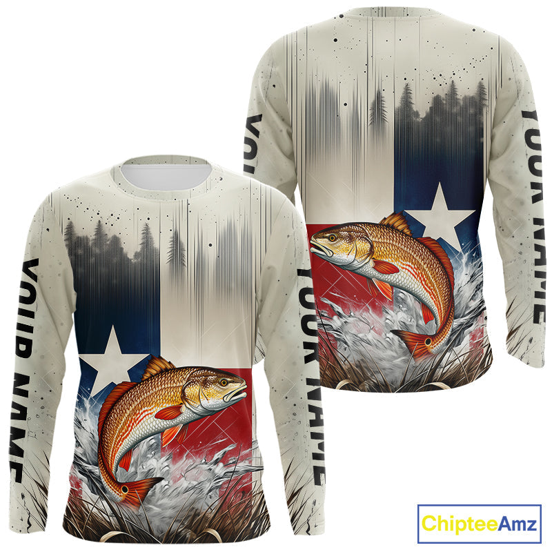 Custom Texas Flag Redfish Puppy Drum Long Sleeve Tournament Fishing Shirt IPHW9351