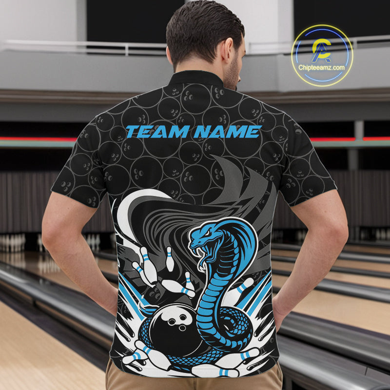 Custom Black And Blue Cobra Snake Bowling Quarter-Zip Shirts For Men, Cobra Bowling Team Shirt IPHW9702