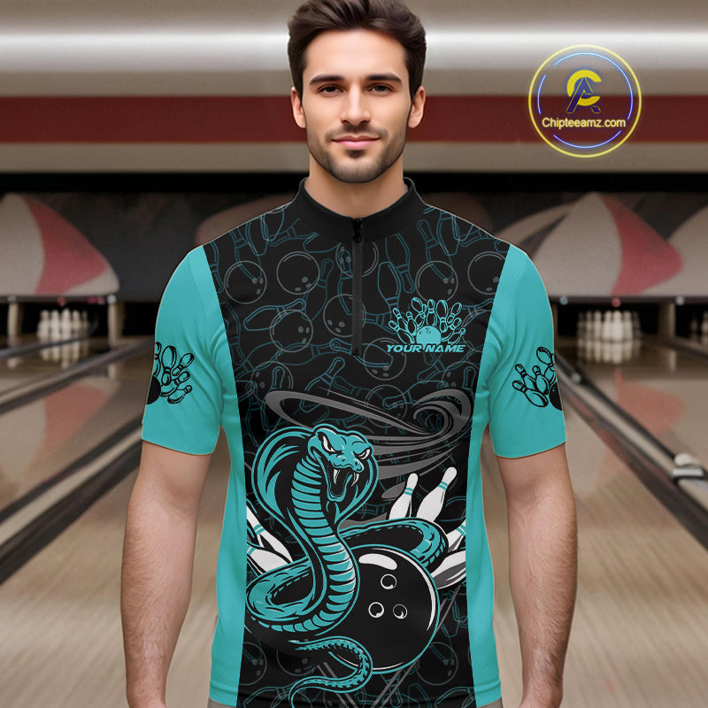Custom Blue Cobra Snake Bowling Team Men Quarter-Zip Shirts, Bowling Pattern Shirt IPHW9706