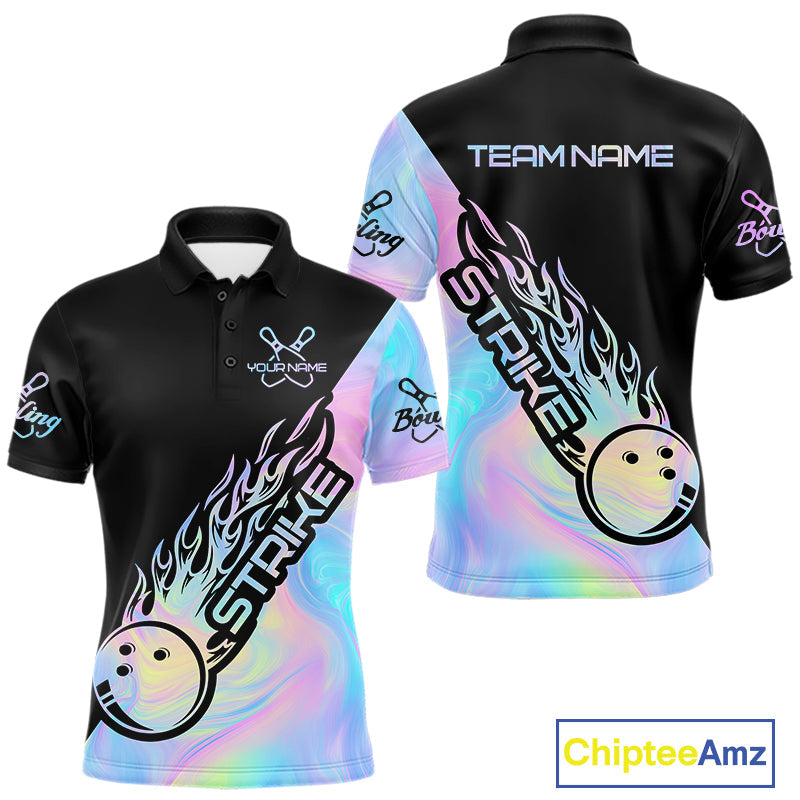 Custom Hologram Flame Strike Bowling Polo Shirts For Men, Bowling Team Bowler Outfit IPHW9859