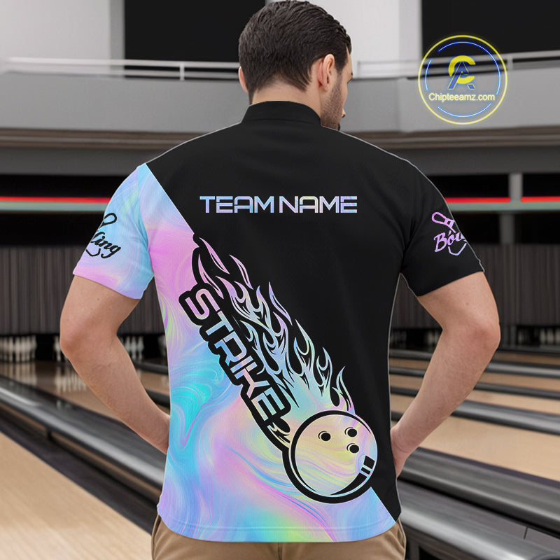 Custom Hologram Flame Strike Bowling Quarter-Zip Shirts For Men, Bowling Team Bowler Outfit IPHW9859