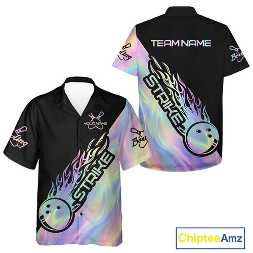 Custom Hologram Flame Strike Bowling Hawaiian Shirts For Men And Women, Bowling Team Bowler Outfit IPHW9860