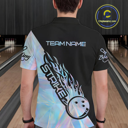 Custom Hologram Flame Strike Bowling Men Polo Shirt, Holographic Icy Crystal Bowling Shirt IPHW9862