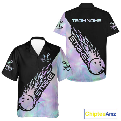 Custom Hologram Flame Strike Bowling Men And Women Hawaiian Shirt, Holographic Icy Crystal Bowling Shirt IPHW9863