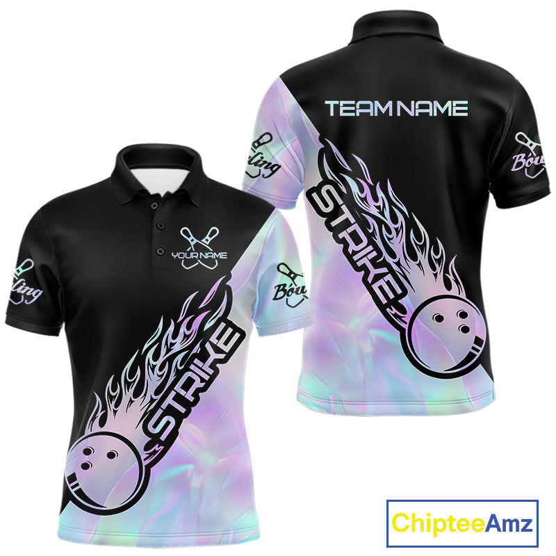 Custom Hologram Flame Strike Bowling Men Polo Shirt, Holographic Icy Crystal Bowling Shirt IPHW9863