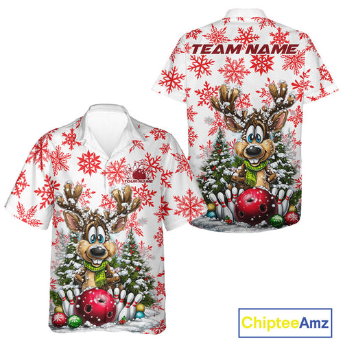 Custom Cute Funny Reindeer Christmas Bowling Men And Women Hawaiian Shirts, Xmas Team Bowling Shirt IPHW10113