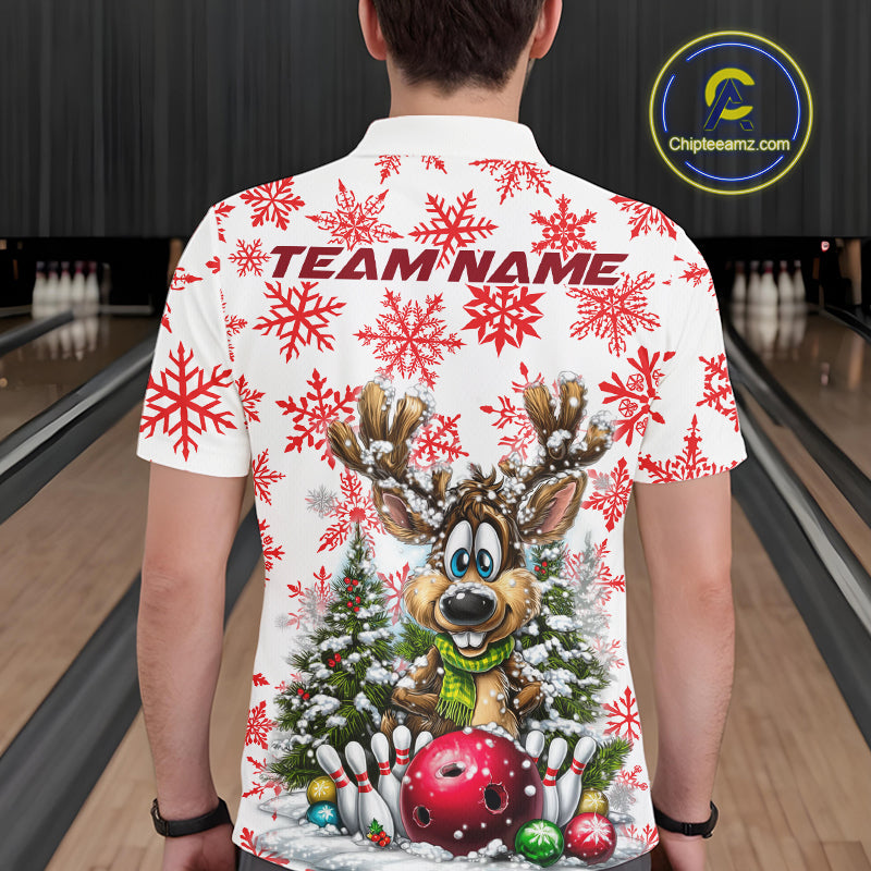 Custom Cute Funny Reindeer Christmas Bowling Men Polo Shirts, Xmas Team Bowling Shirt IPHW10113