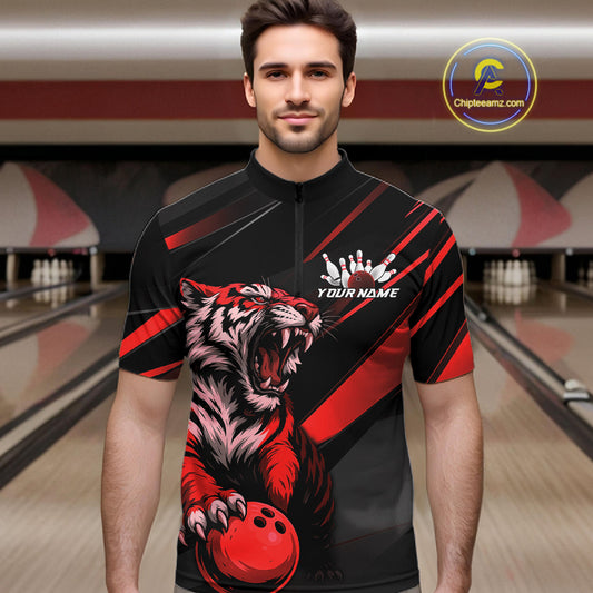 Custom Black And Red Tiger Bowling Team Men Shirt, Bowling League Shirt Bowler Uniform IPHW10775
