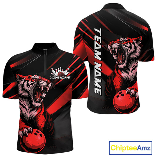 Custom Black And Red Tiger Bowling Team Men Shirt, Bowling League Shirt Bowler Uniform IPHW10775