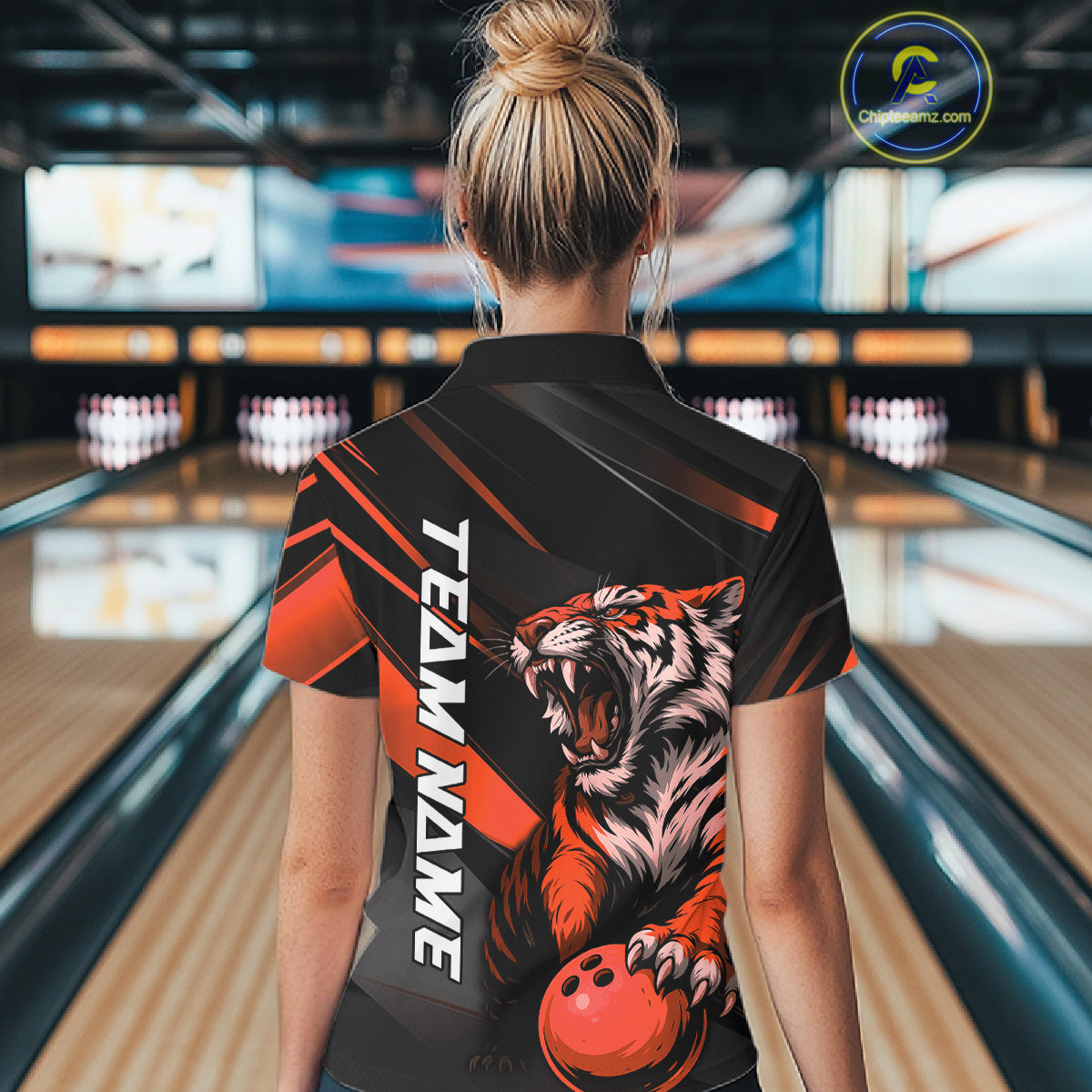 Custom Black And Orange Tiger Bowling Team Women Shirt, Bowling League Shirt Bowler Uniform IPHW10776