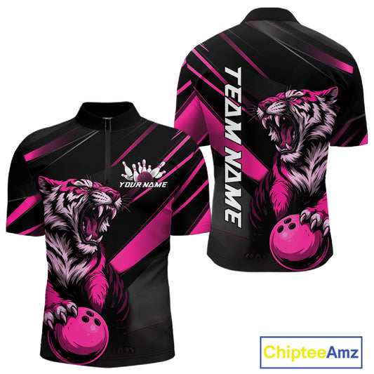 Custom Black And Pink Tiger Bowling Team Men Shirt, Bowling League Shirt Bowler Uniform IPHW10777