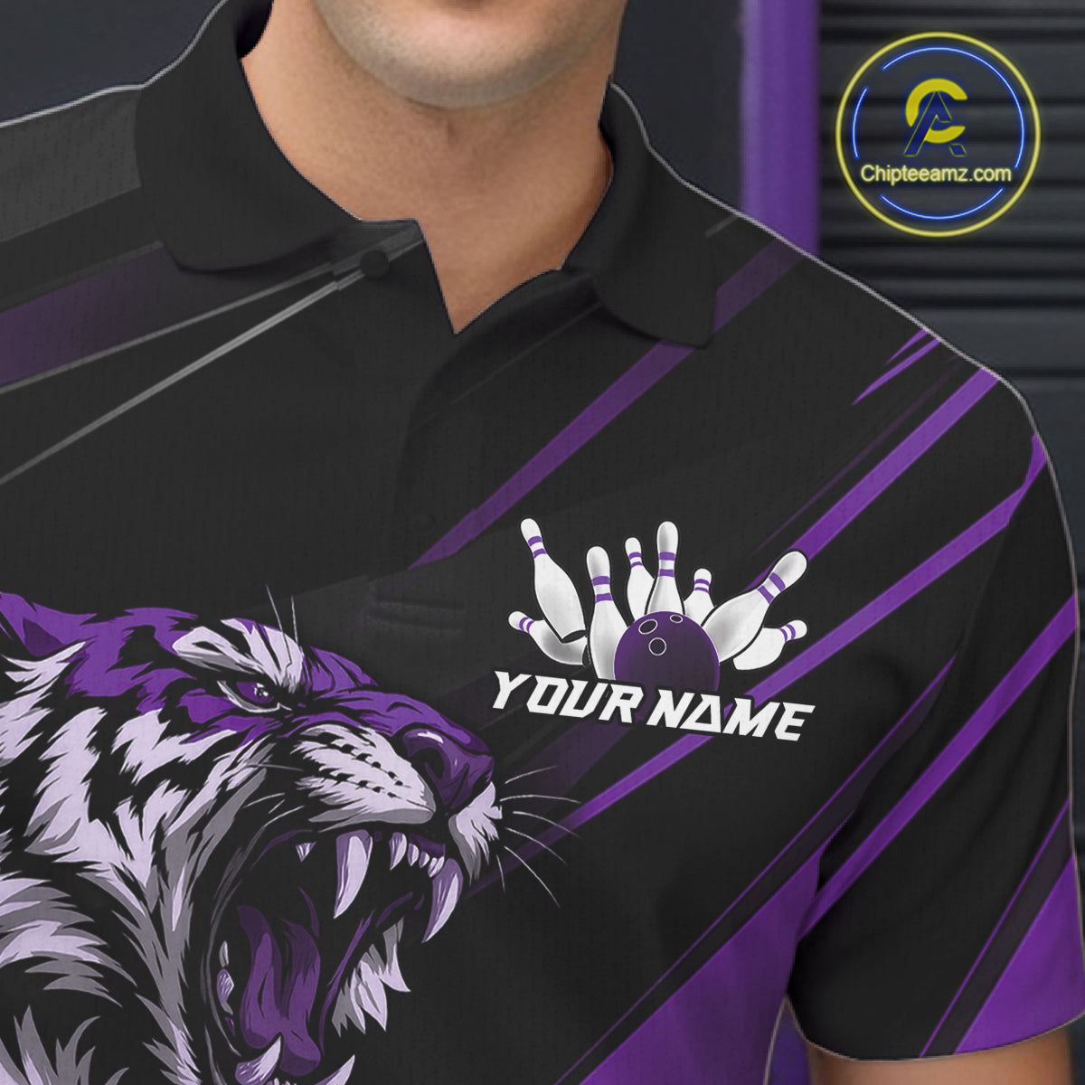 Custom Black And Purple Tiger Bowling Team Men Shirt, Bowling League Shirt Bowler Uniform IPHW10778