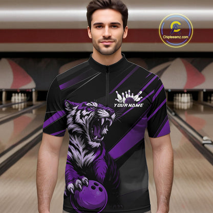 Custom Black And Purple Tiger Bowling Team Men Shirt, Bowling League Shirt Bowler Uniform IPHW10778