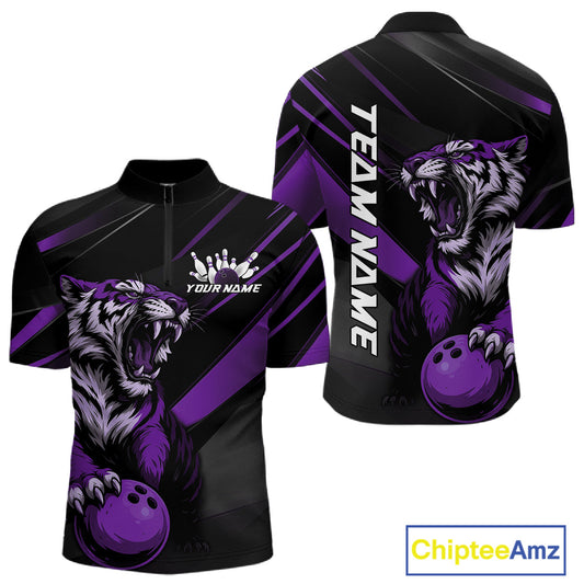 Custom Black And Purple Tiger Bowling Team Men Shirt, Bowling League Shirt Bowler Uniform IPHW10778