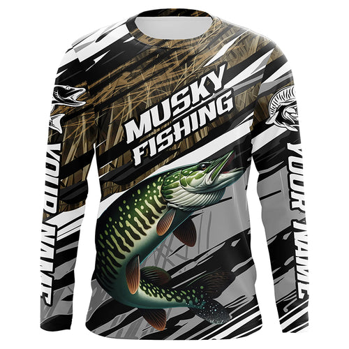 Musky Fishing Grass Camo Custom Long Sleeve Shirts, Muskie Uv Protection Tournament Fishing Jerseys IPHW6080