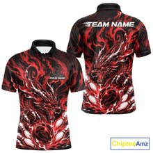Load image into Gallery viewer, Custom bowling shirt featuring red dragon, fiery abstract graphics, bowling pins, a bowling ball, front name personalization, and back team name.

