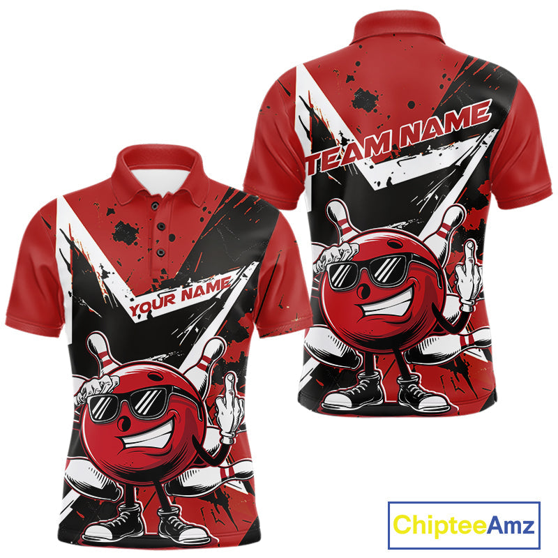 Custom Black And Red Star Funny Bowling Polo Shirts For Men, Bowling Tournament Shirt IPHW9358