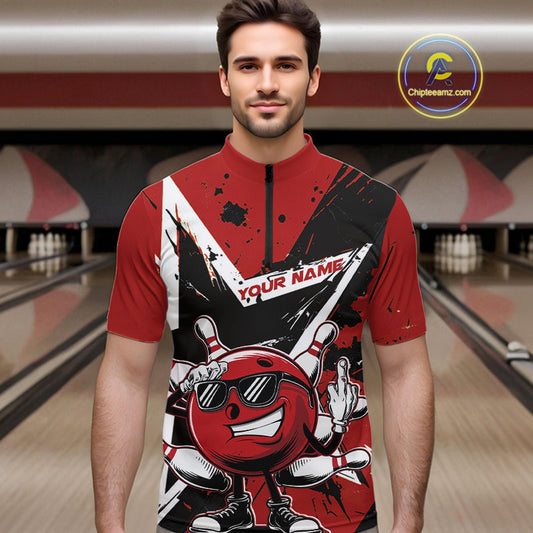 Custom Black And Red Star Funny Bowling Quarter-Zip Shirts For Men, Bowling Tournament Shirt IPHW9358