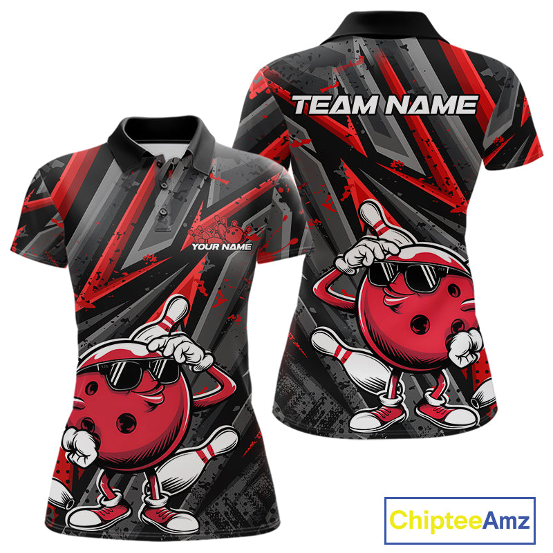 Black And Red Funny Custom Bowling Jerseys, Cool Bowling Polo Shirts For Women IPHW9361