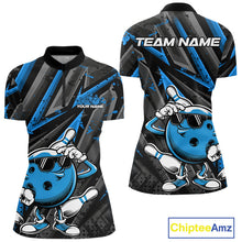 Load image into Gallery viewer, Black And Blue Funny Custom Bowling Jerseys, Cool Bowling Quarter-Zip Shirts For Women IPHW9362
