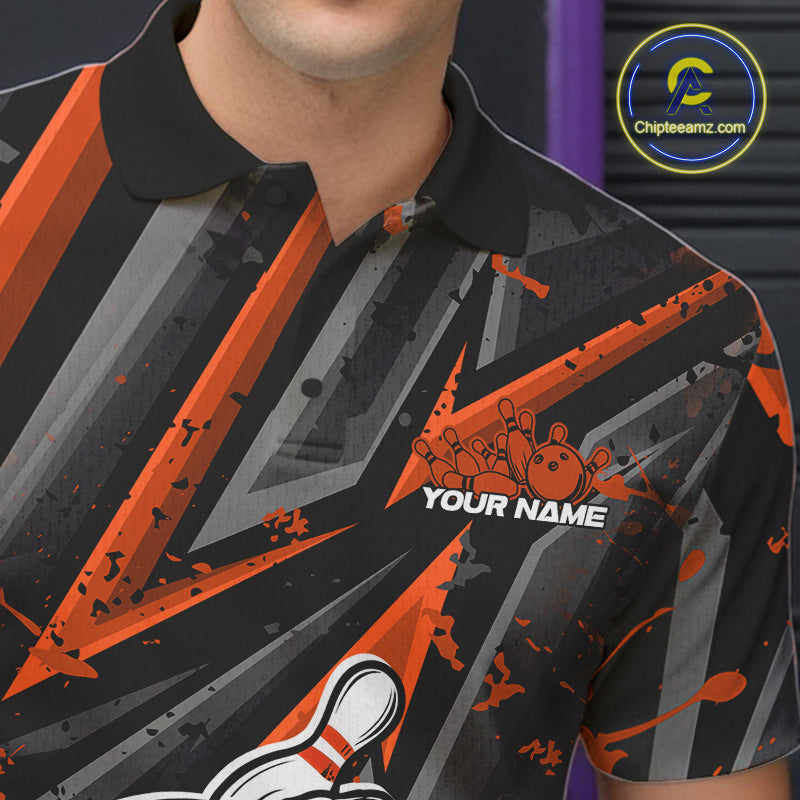 Black And Orange Funny Custom Bowling Jerseys, Cool Bowling Polo Shirts For Men IPHW9363