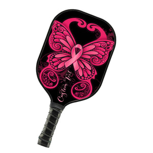 Black And Pink Breast Cancer Ribbon Butterfly Custom Pickleball Paddle, Breast Cancer Awareness Paddles IPHW7502