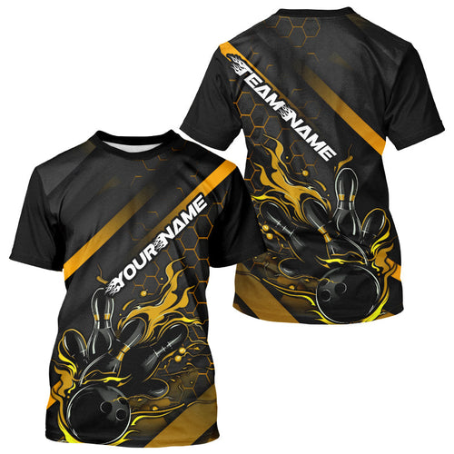 Custom Black And Gold Flame Bowling T-Shirts For Men, Bowling Team Bowling League Shirts IPHW7505