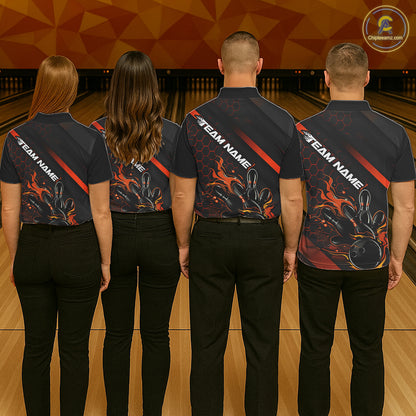 Custom Black And Orange Flame Bowling Shirts For Women, Bowling Team Bowling League Shirts IPHW7508