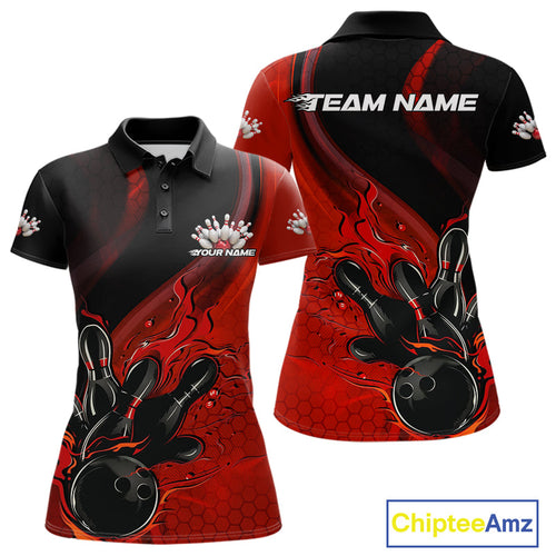Custom Black And Red Flame Bowling Polo Shirt For Women, Bowling Team League Shirt IPHW9872