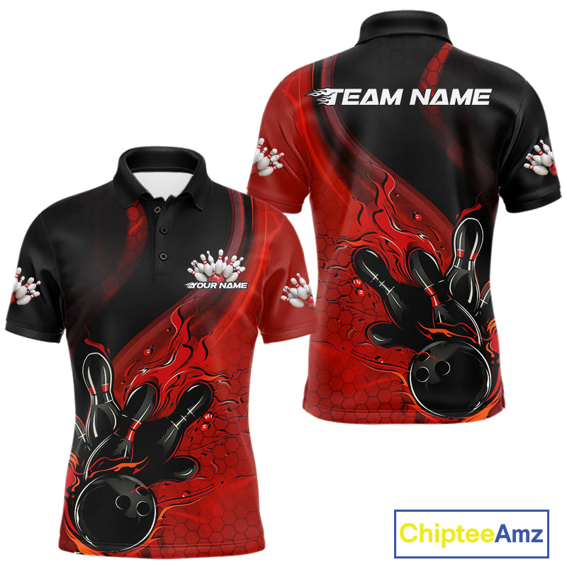 Custom Black And Red Flame Bowling Polo Shirt For Men, Bowling Team League Shirt IPHW9872