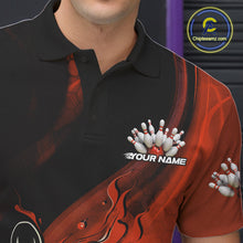 Load image into Gallery viewer, Custom Black And Orange Flame Bowling Polo Shirt For Men, Bowling Team League Shirt IPHW9873