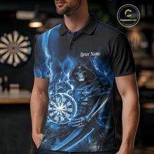 Load image into Gallery viewer, Custom Black And Blue Flame Grim Reaper Dart Team Men Polo Shirts, Halloween Dart Otufit IPHW10026