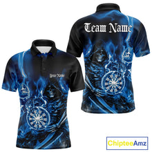 Load image into Gallery viewer, Custom Black And Blue Flame Grim Reaper Dart Team Men Polo Shirts, Halloween Dart Otufit IPHW10026