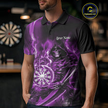 Load image into Gallery viewer, Custom Black And Purple Flame Grim Reaper Dart Team Men Polo Shirt, Halloween Dart Otufit IPHW10028