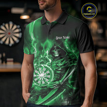 Load image into Gallery viewer, Custom Black And Green Flame Grim Reaper Dart Team Men Polo Shirts, Halloween Dart Otufit IPHW10029