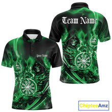Load image into Gallery viewer, Custom Black And Green Flame Grim Reaper Dart Team Men Polo Shirts, Halloween Dart Otufit IPHW10029
