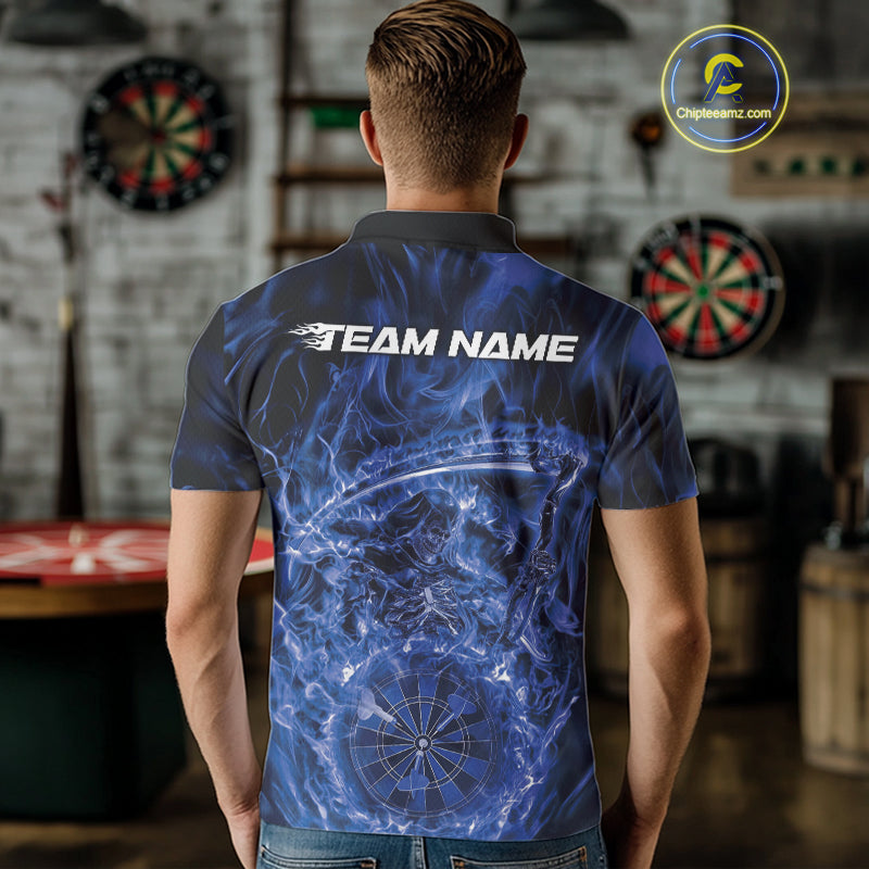Custom Black And Blue Flame Grim Reaper Dart Team Men Polo Shirts, Halloween Otufit IPHW10036