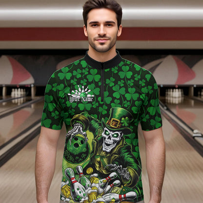 Custom Funny Saint Patricks Day Skull And Beer Bowling Quarter-Zip Shirt For Men, Lucky Team Shirt IPHW8607