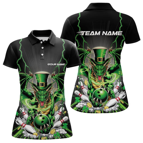Custom Black And Green St Patricks Dragon Bowling Womens Polo Shirt, Lucky Dragon Bowling IPHW8609