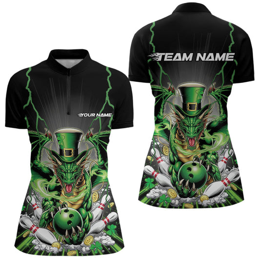 Custom Green St Patricks Dragon Bowling Womens Quarter-Zip Shirts, Lucky Dragon Bowling IPHW8609