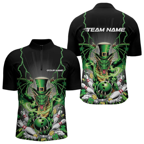 Custom Black And Green St Patricks Dragon Bowling Quarter-Zip Shirts For Men, Lucky Dragon Bowling IPHW8609