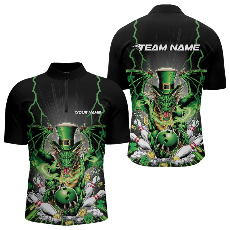 Custom Black And Green St Patricks Dragon Bowling Quarter-Zip Shirts For Men, Lucky Dragon Bowling IPHW8609