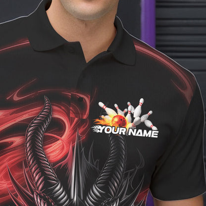 Custom Black And Red Flame Dragon Bowling Team Men Polo Shirts, Bowling League Shirt IPHW8911