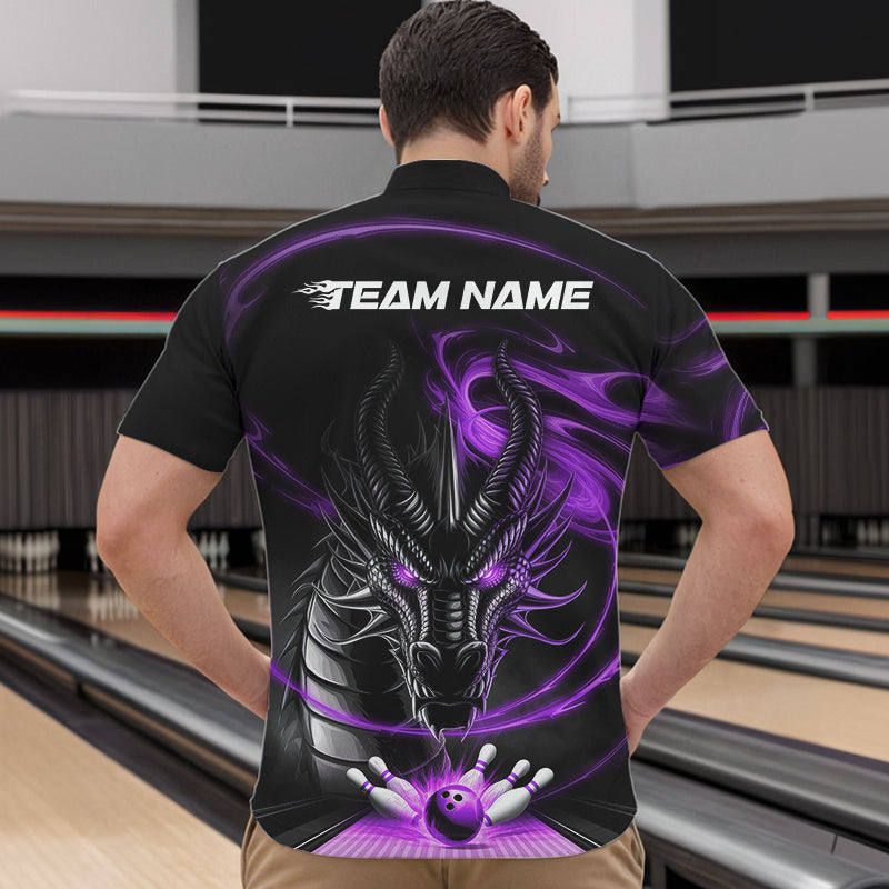 Custom Black And Purple Flame Dragon Bowling Team Men Quarter-Zip Shirts, Bowling League Shirt IPHW8912